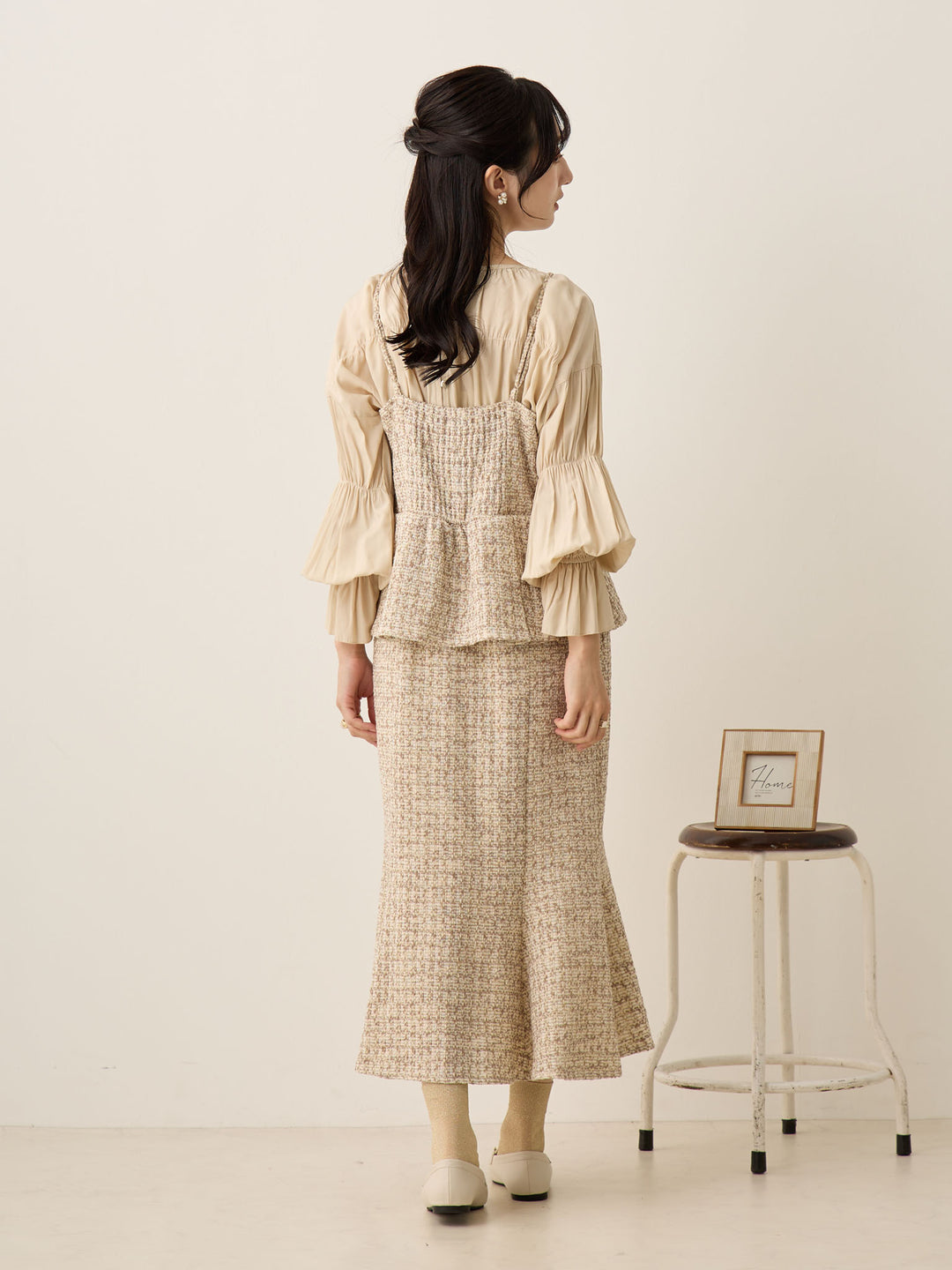 粗花呢吊带连衣裙，米色