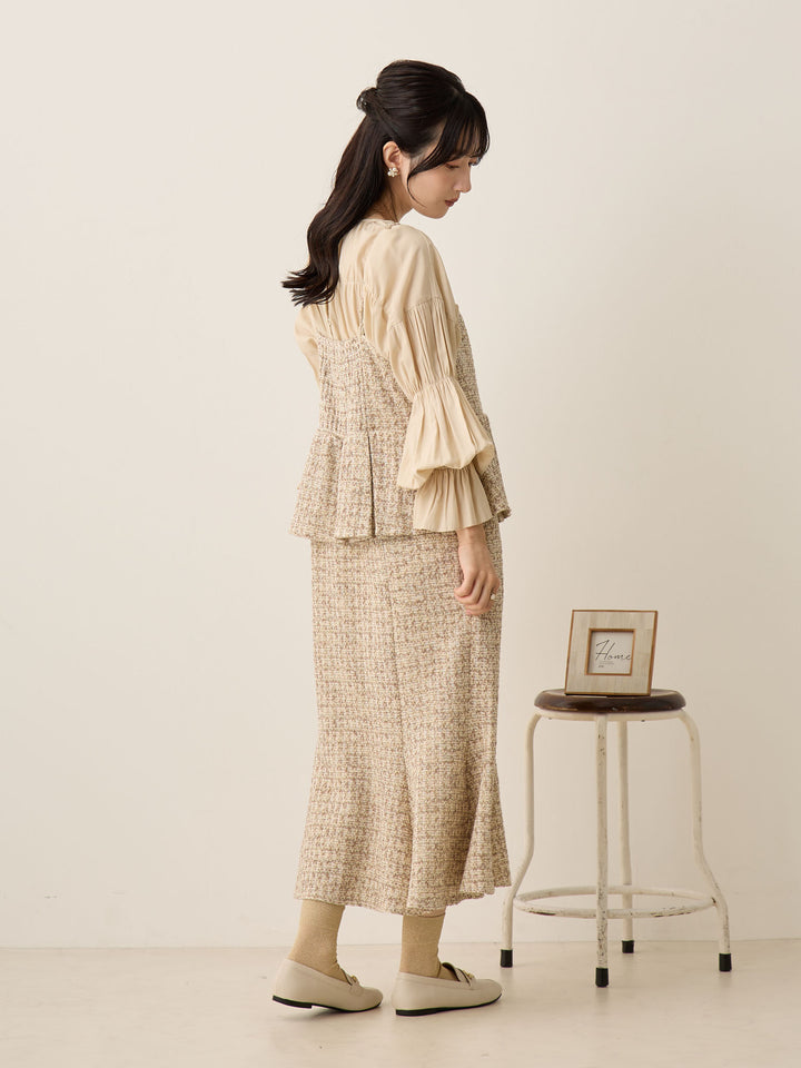 粗花呢吊带连衣裙，米色