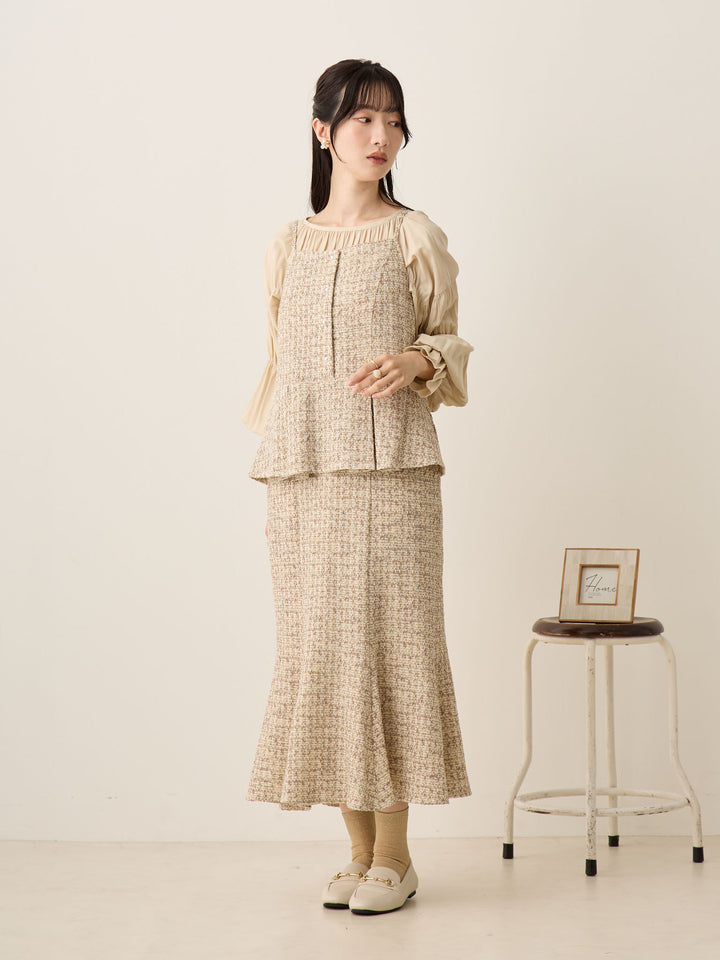 粗花呢吊带连衣裙，米色