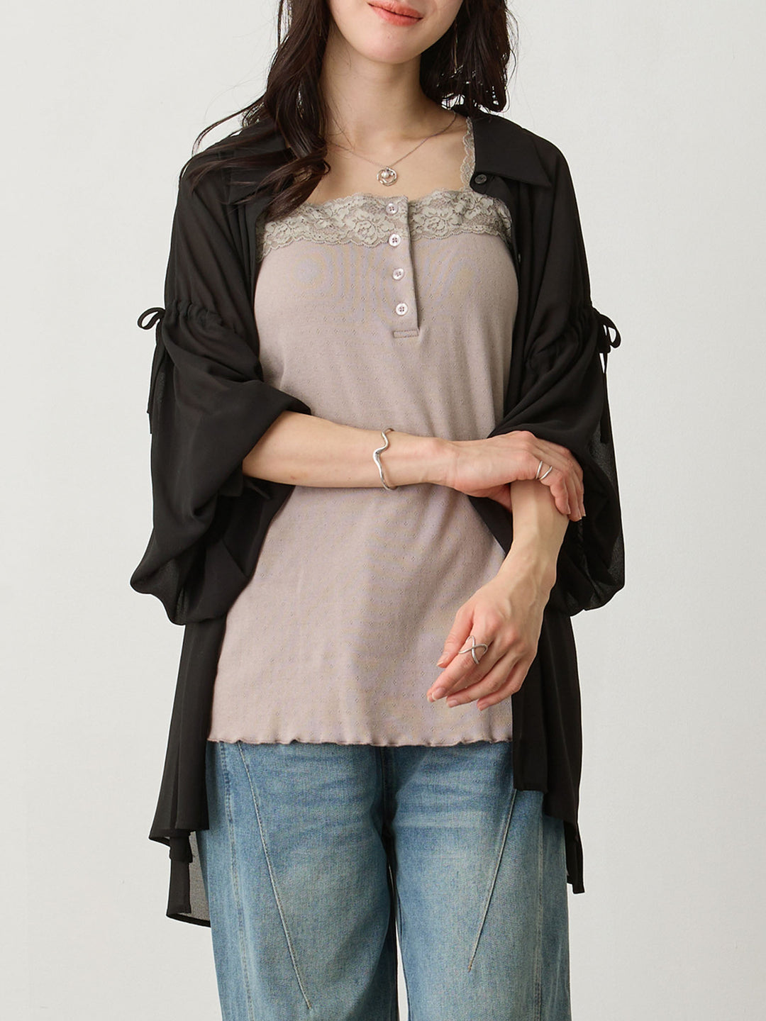 袖リボンシアーシャツ Black