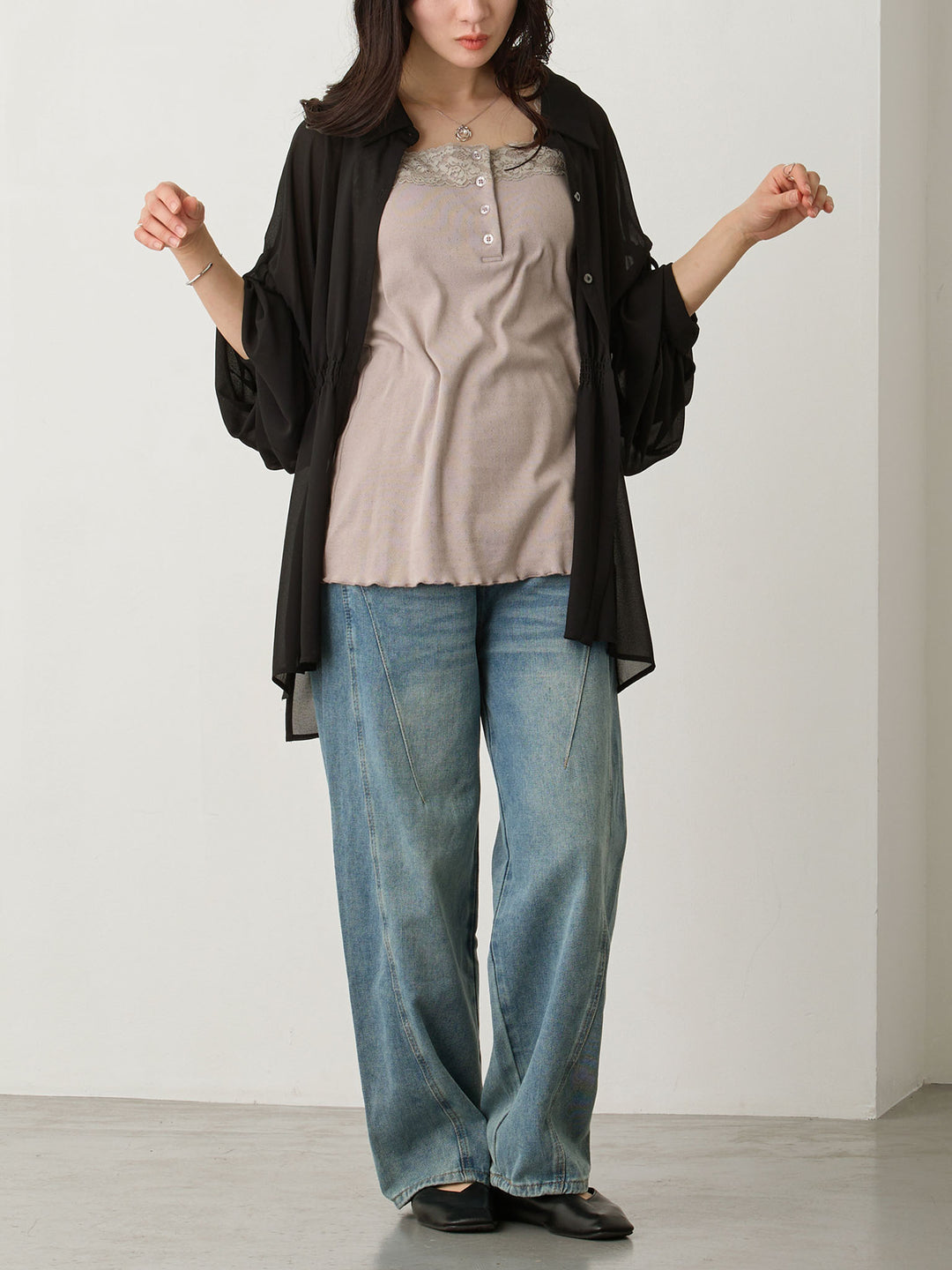 袖リボンシアーシャツ Black