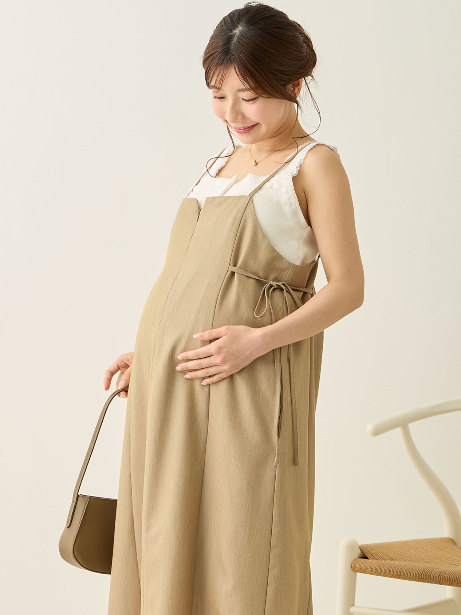 [Maternity/Nursing Wear] Side Ribbon Cami Dress Khaki