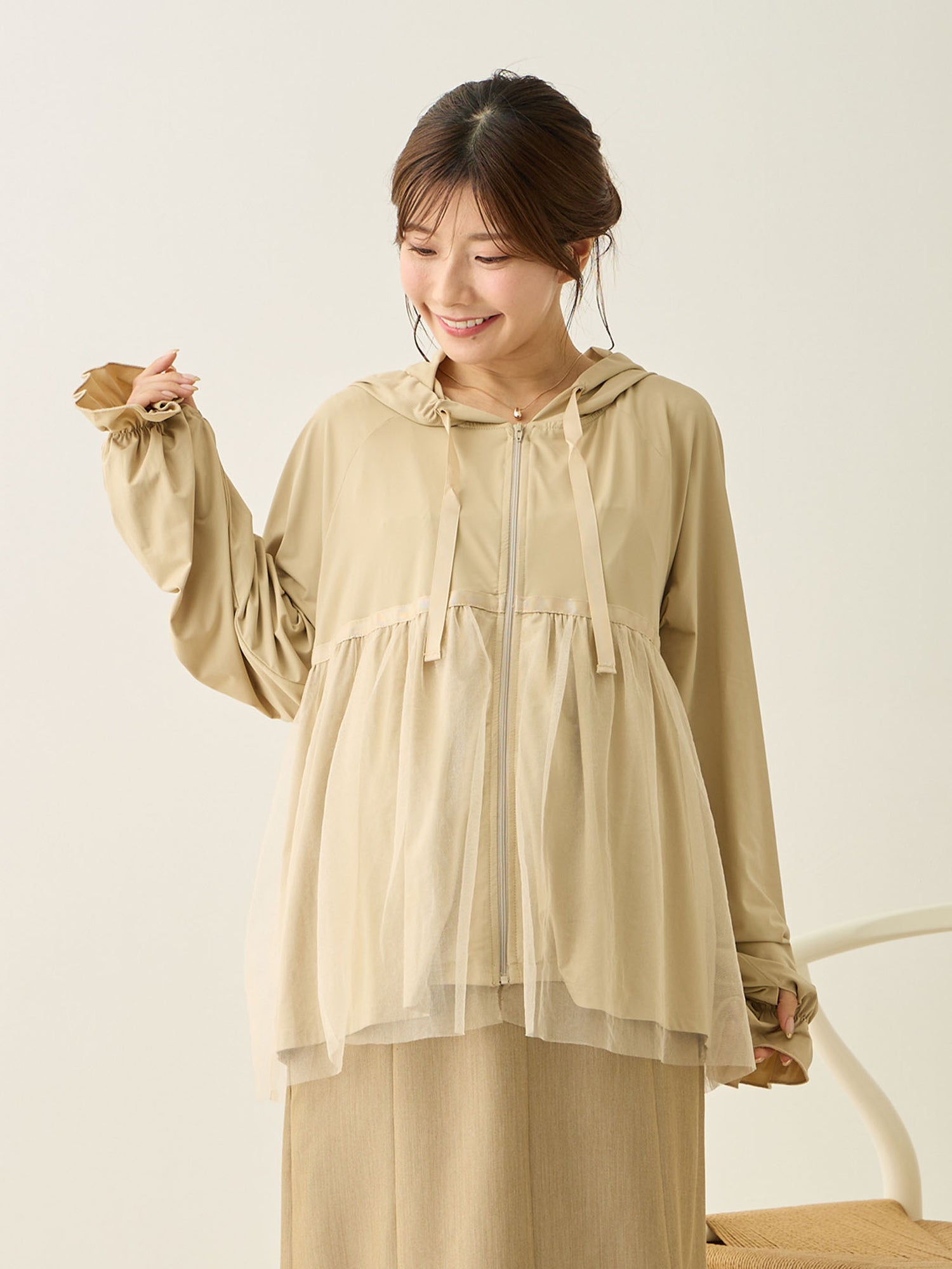 [Maternity/Nursing Wear] UV-Cut Peplum Parka, Beige