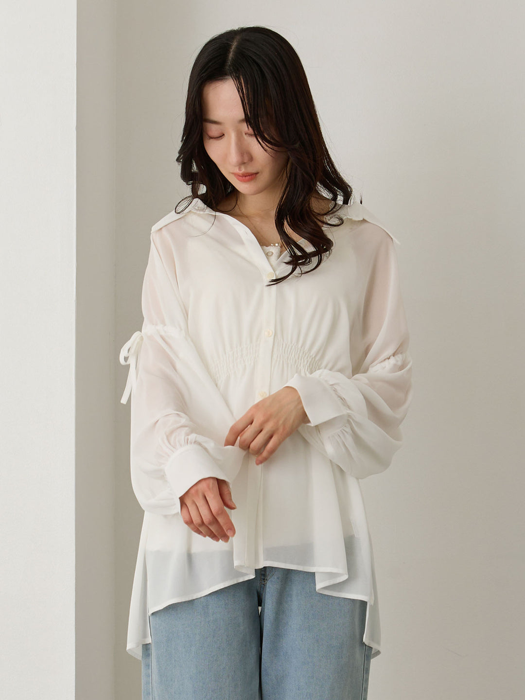 袖リボンシアーシャツ White