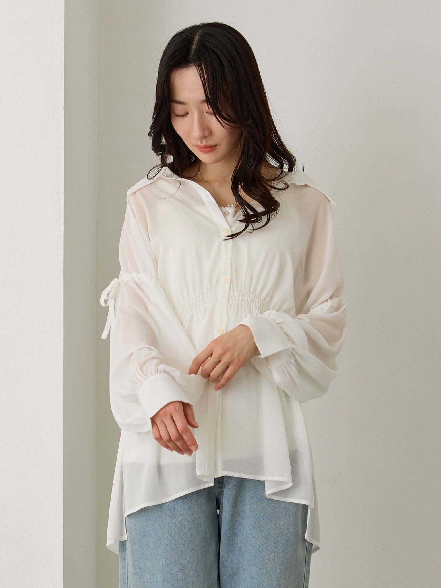 袖リボンシアーシャツ White