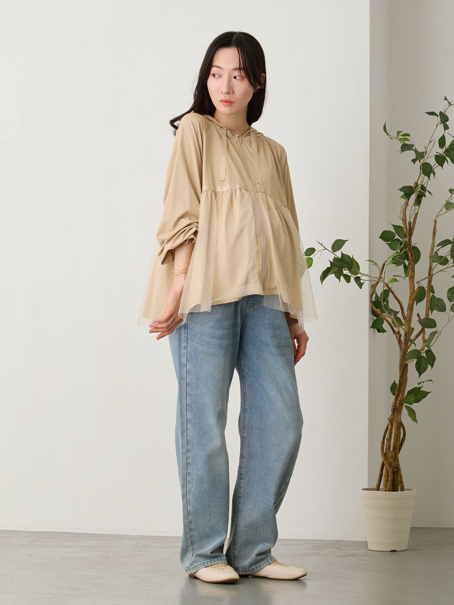 UV Protection Peplum Parka Beige