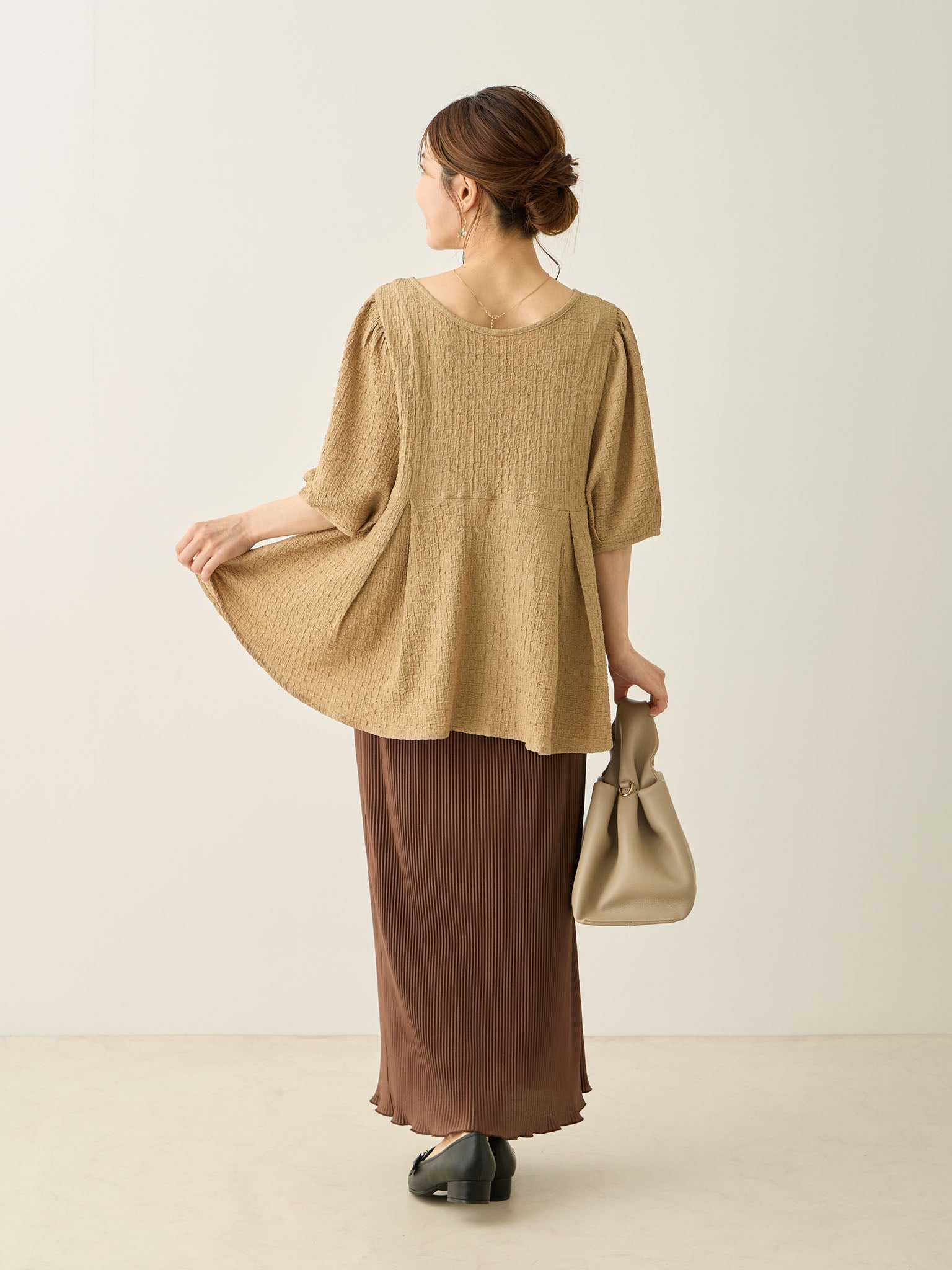 monoha シャーリングスカート　ロングスカート　ブラウンスカート ウエストシャーリングスカート Brown – honono for mom&baby