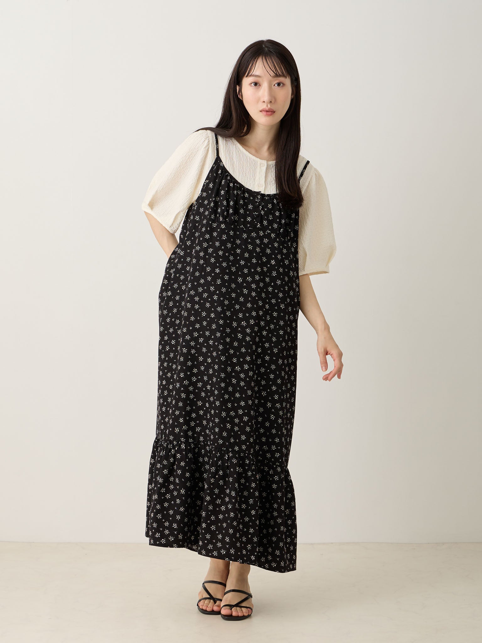 【値下げしました！】honono フラワーレースキャミワンピース ブラック フロントボタンキャミワンピース Flower – honono for mom&baby