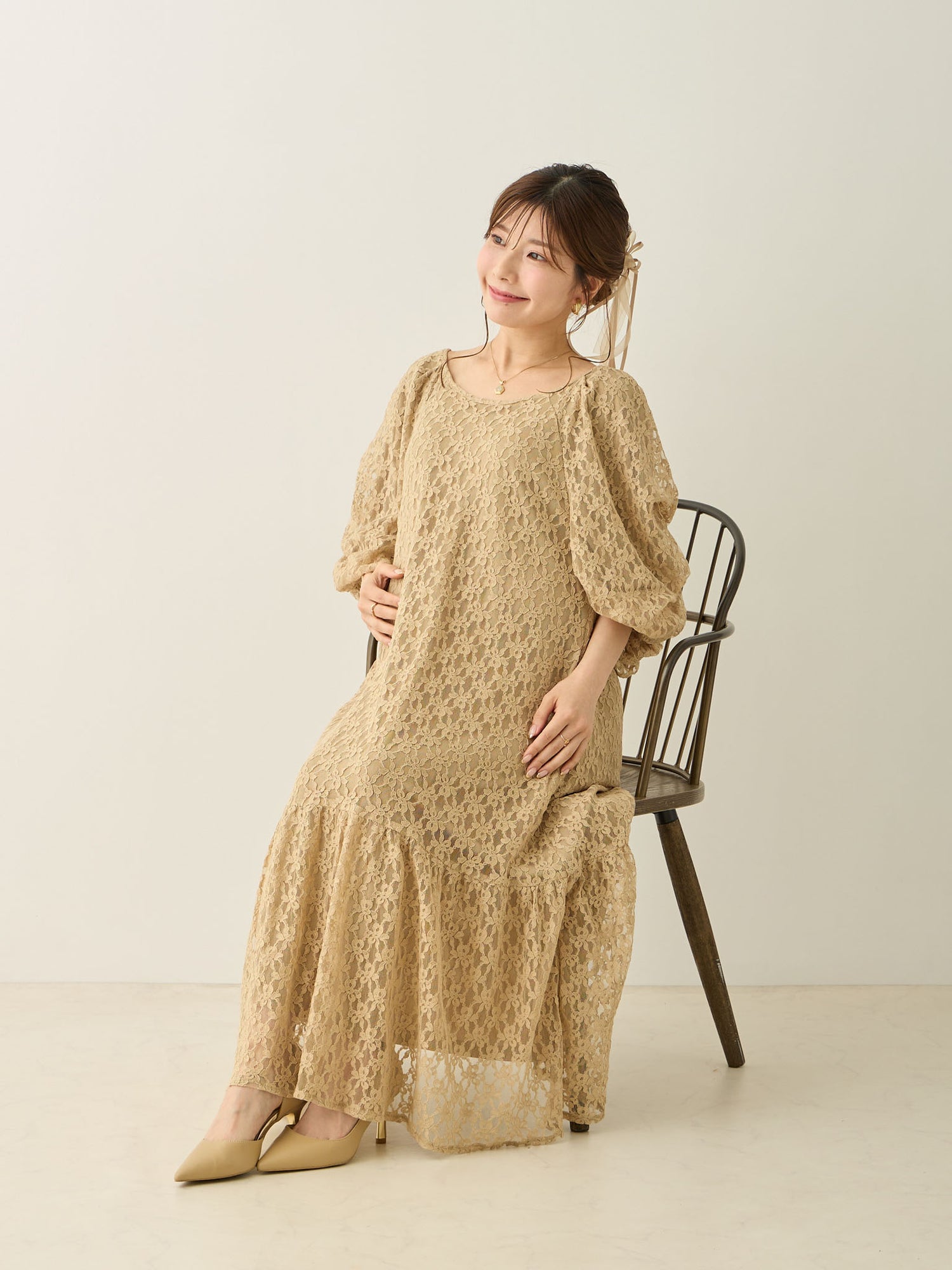 [Maternity/Nursing Wear] Balloon Sleeve Lace Dress, Beige