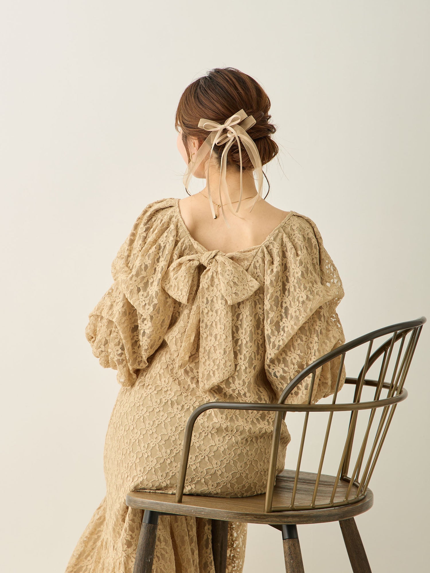 [Maternity/Nursing Wear] Balloon Sleeve Lace Dress, Beige