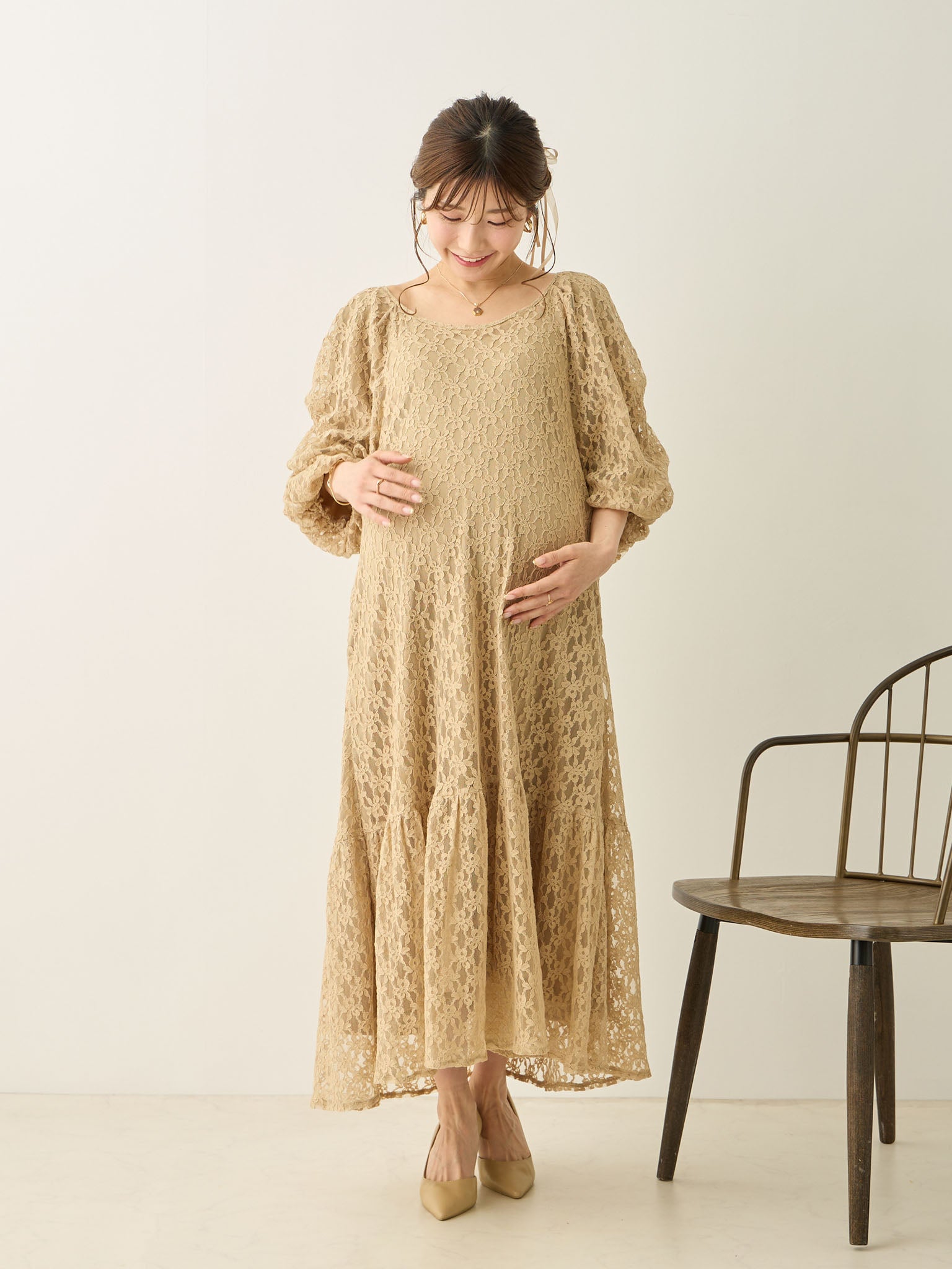 honono マタニティ オケージョン　バルーン袖レースドレス Mint バルーン袖レースドレス Beige – honono for mom&baby