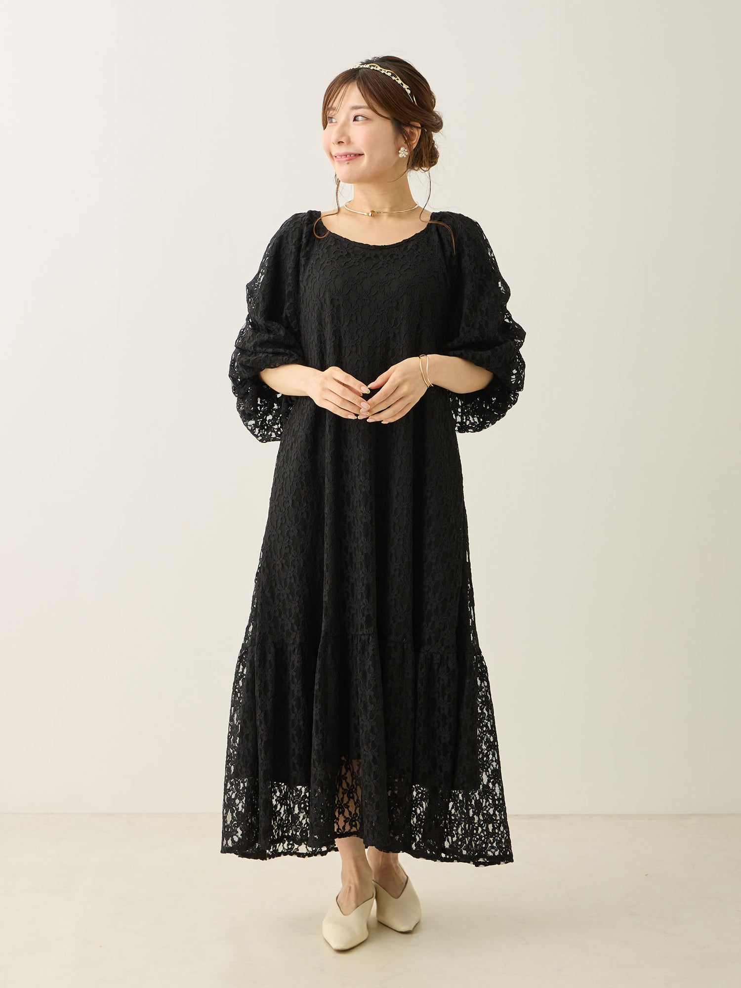 [Maternity/Nursing Wear] Balloon Sleeve Lace Dress Black
