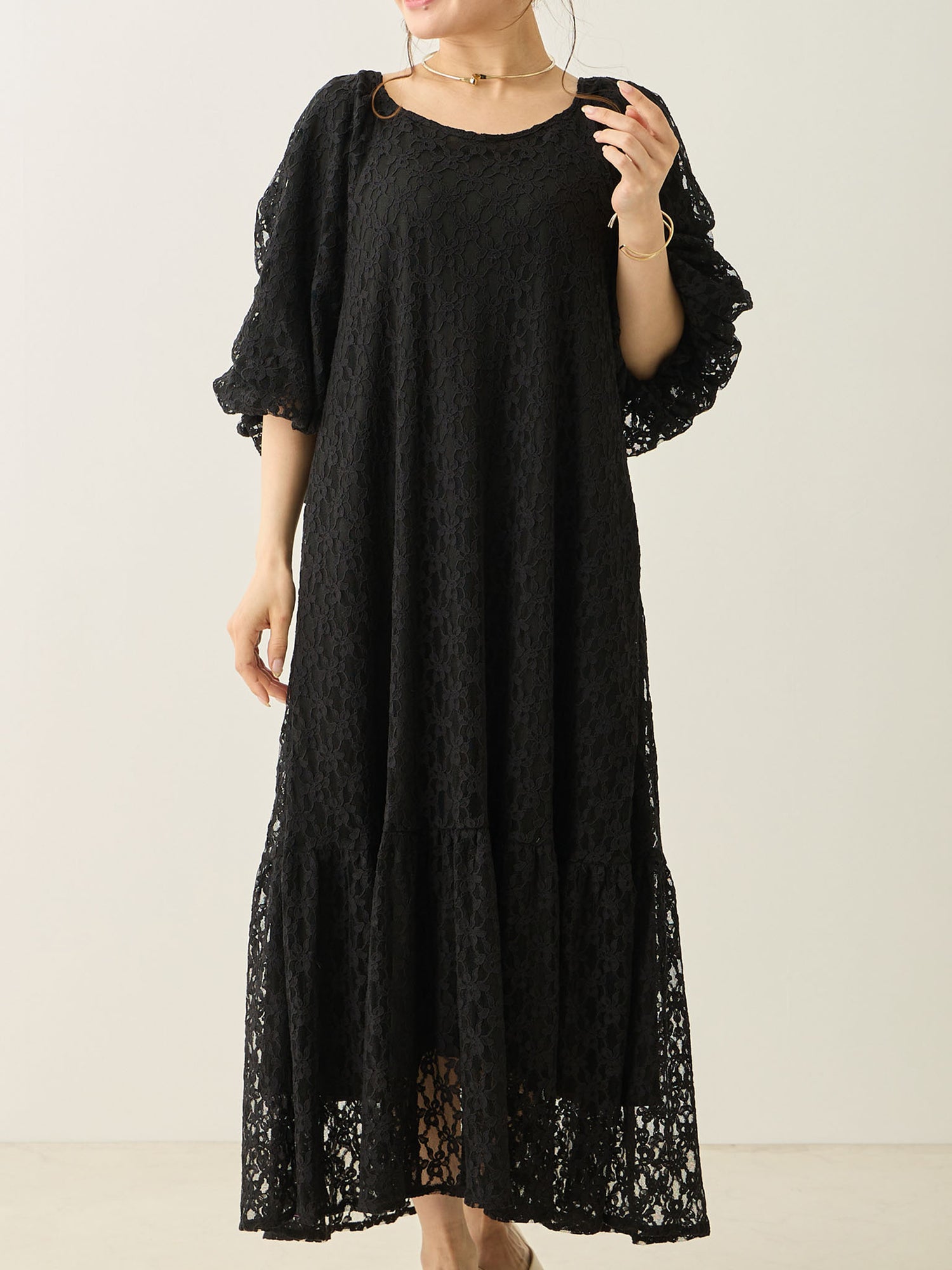 [Maternity/Nursing Wear] Balloon Sleeve Lace Dress Black