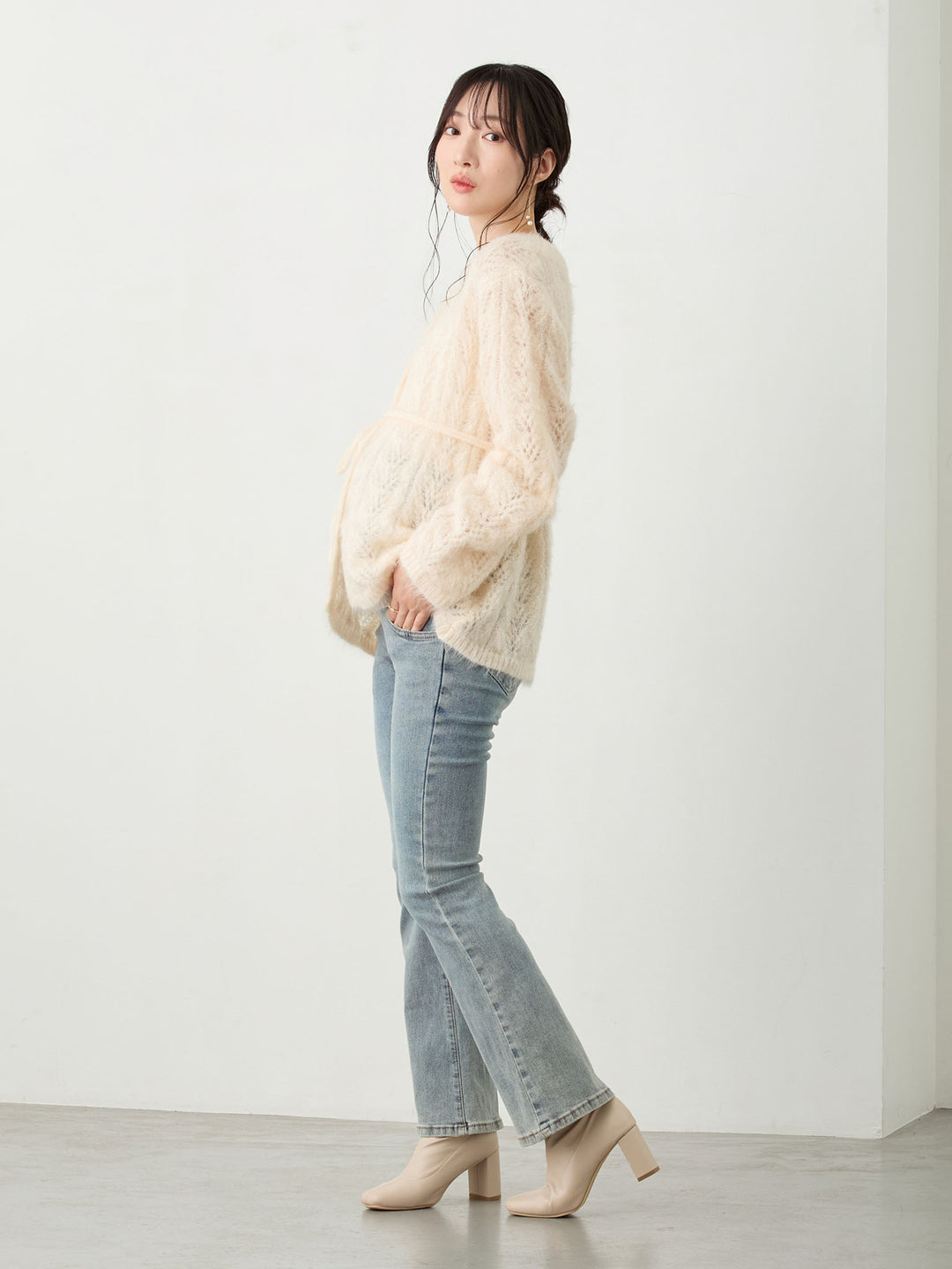 リボン付きニットカーデ Pale pink