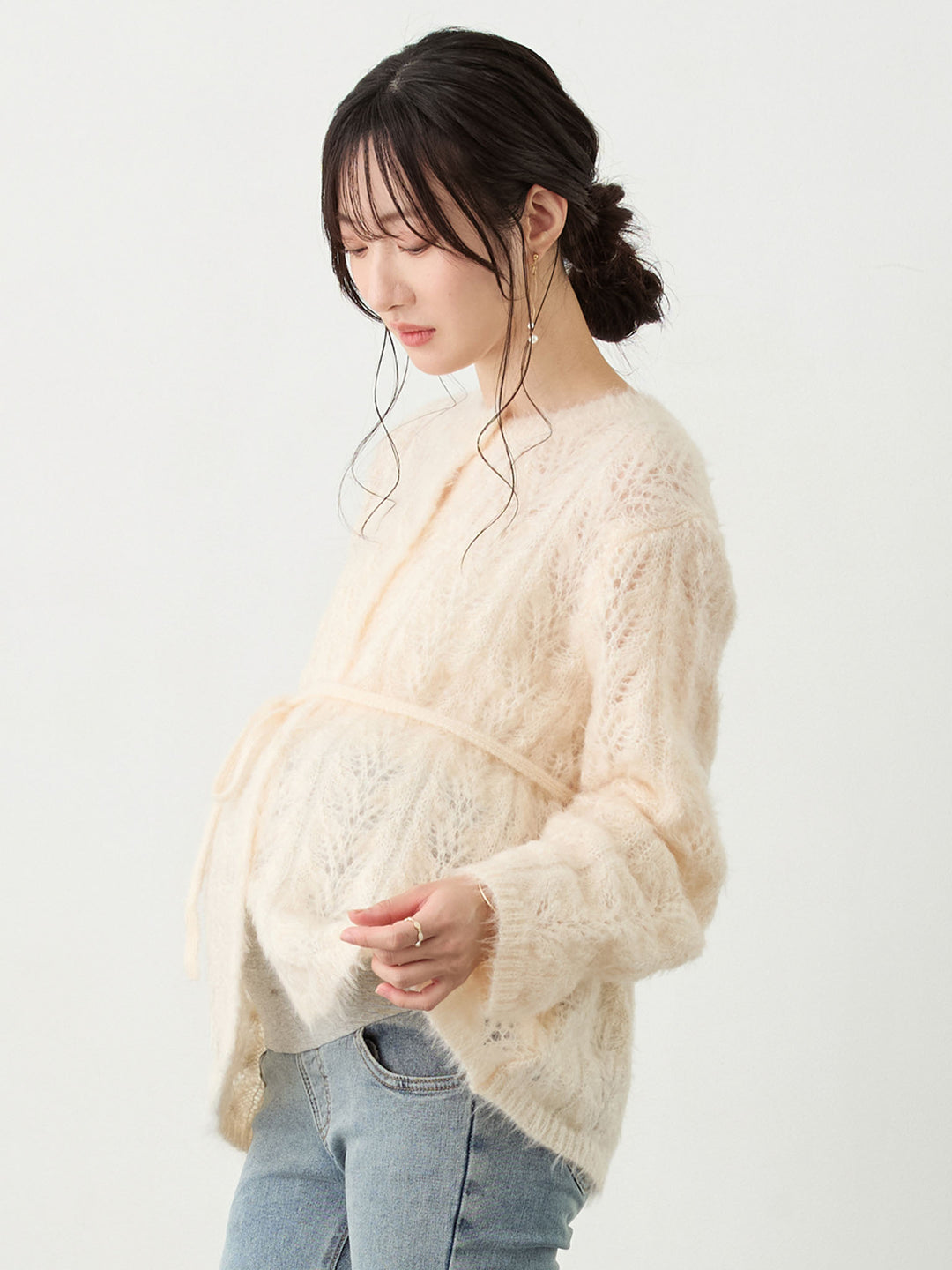 リボン付きニットカーデ Pale pink