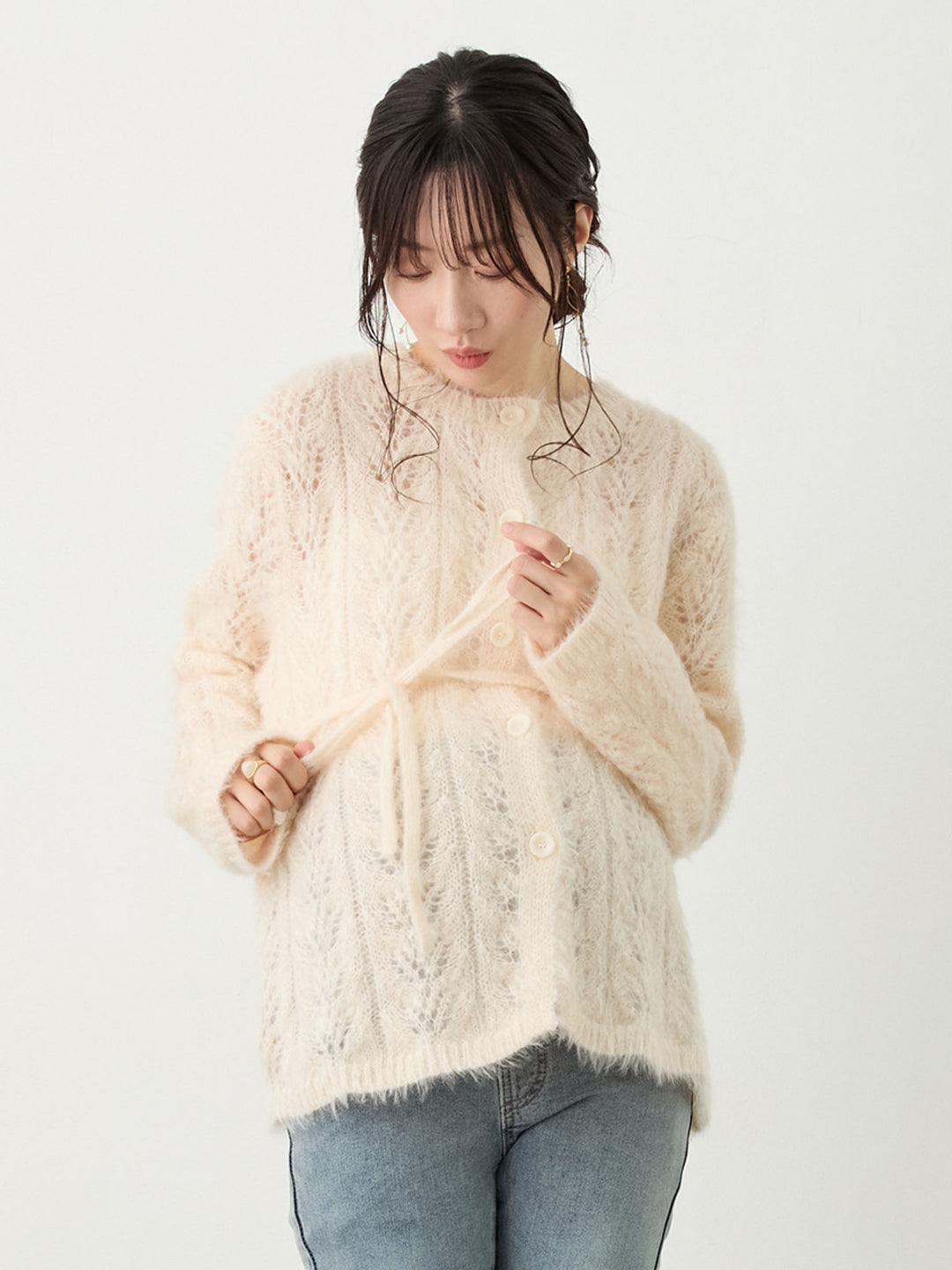 リボン付きニットカーデ Pale pink