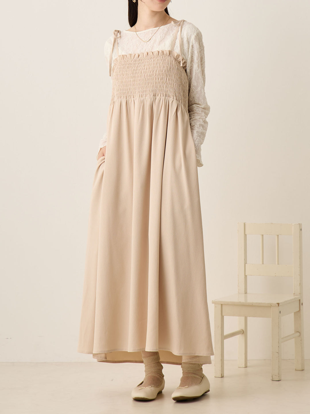 Shirred Cami Dress Beige honono for mom&baby Shirred Cami Dress Beige honono for mom&baby