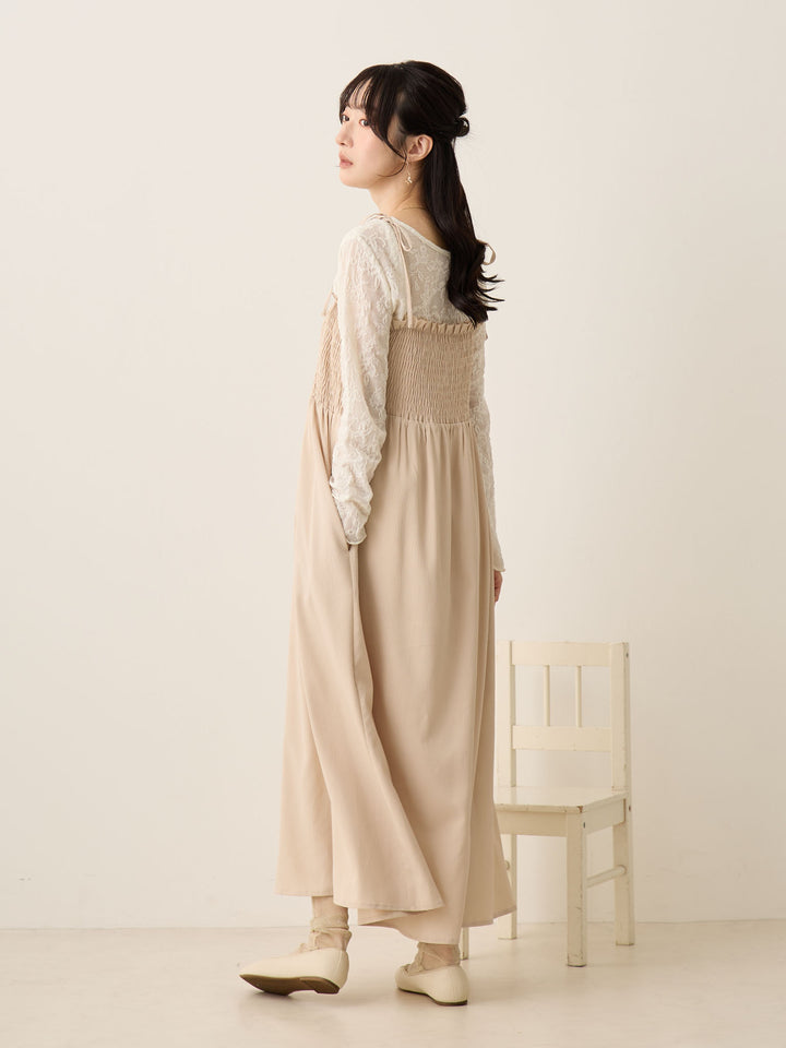 米色褶饰吊带连衣裙