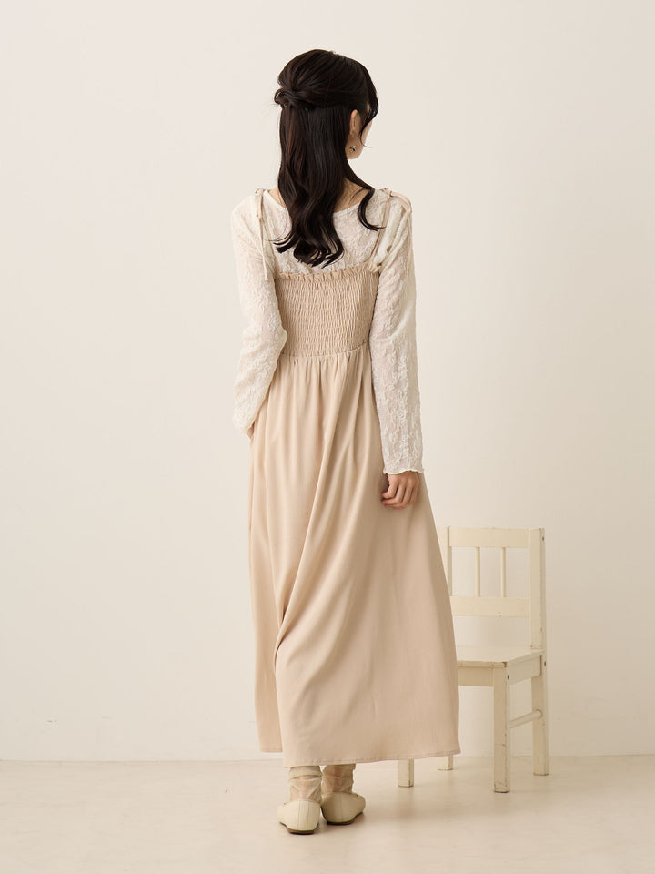 米色褶饰吊带连衣裙