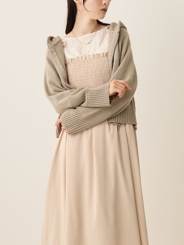 米色褶饰吊带连衣裙