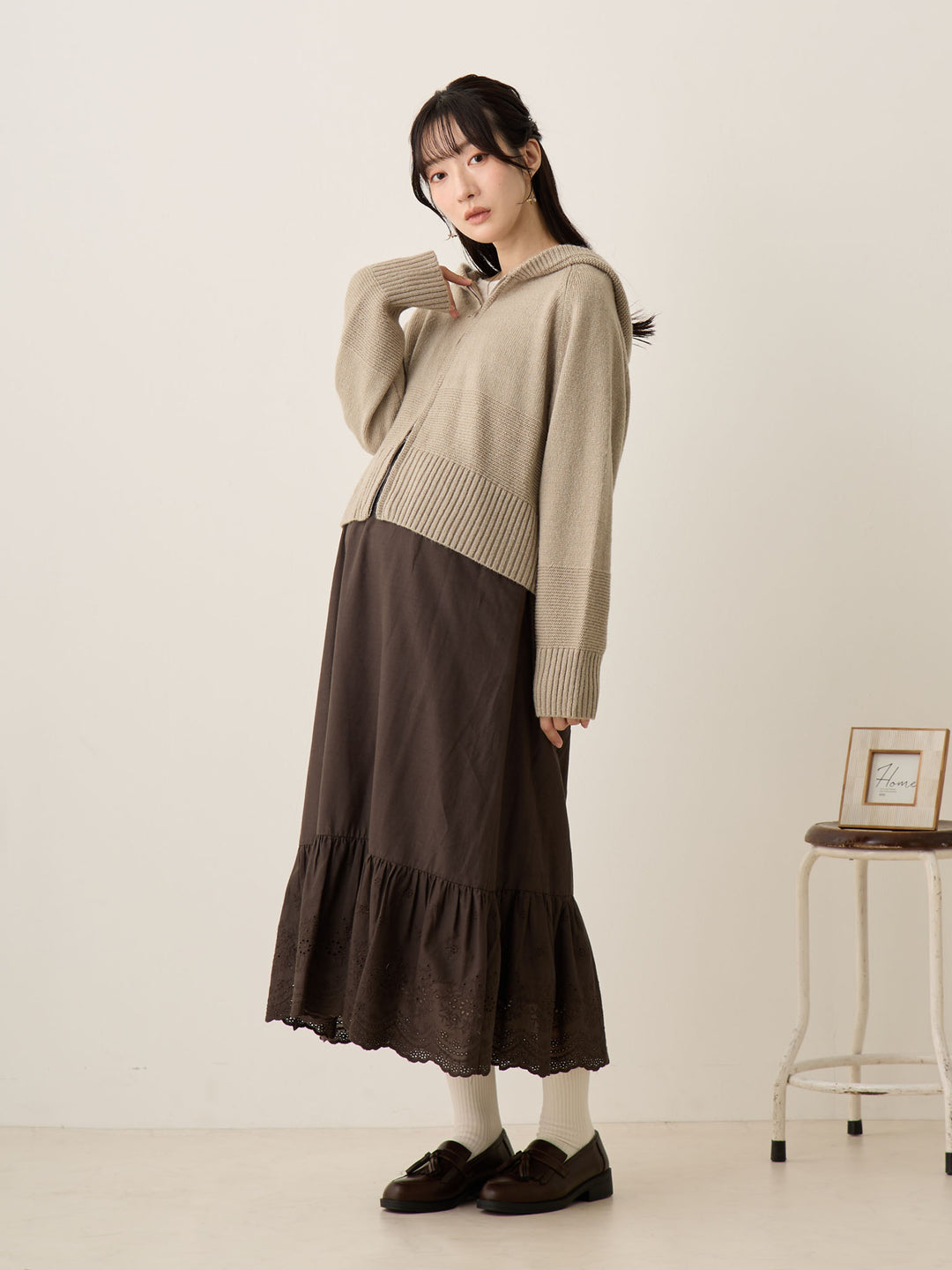 双拉链针织开衫灰色