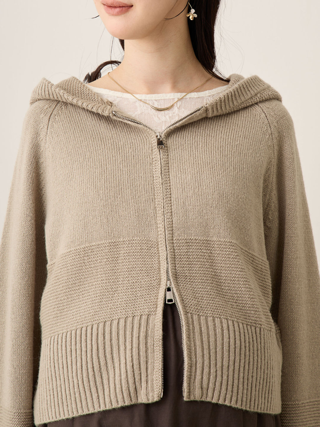 双拉链针织开衫灰色