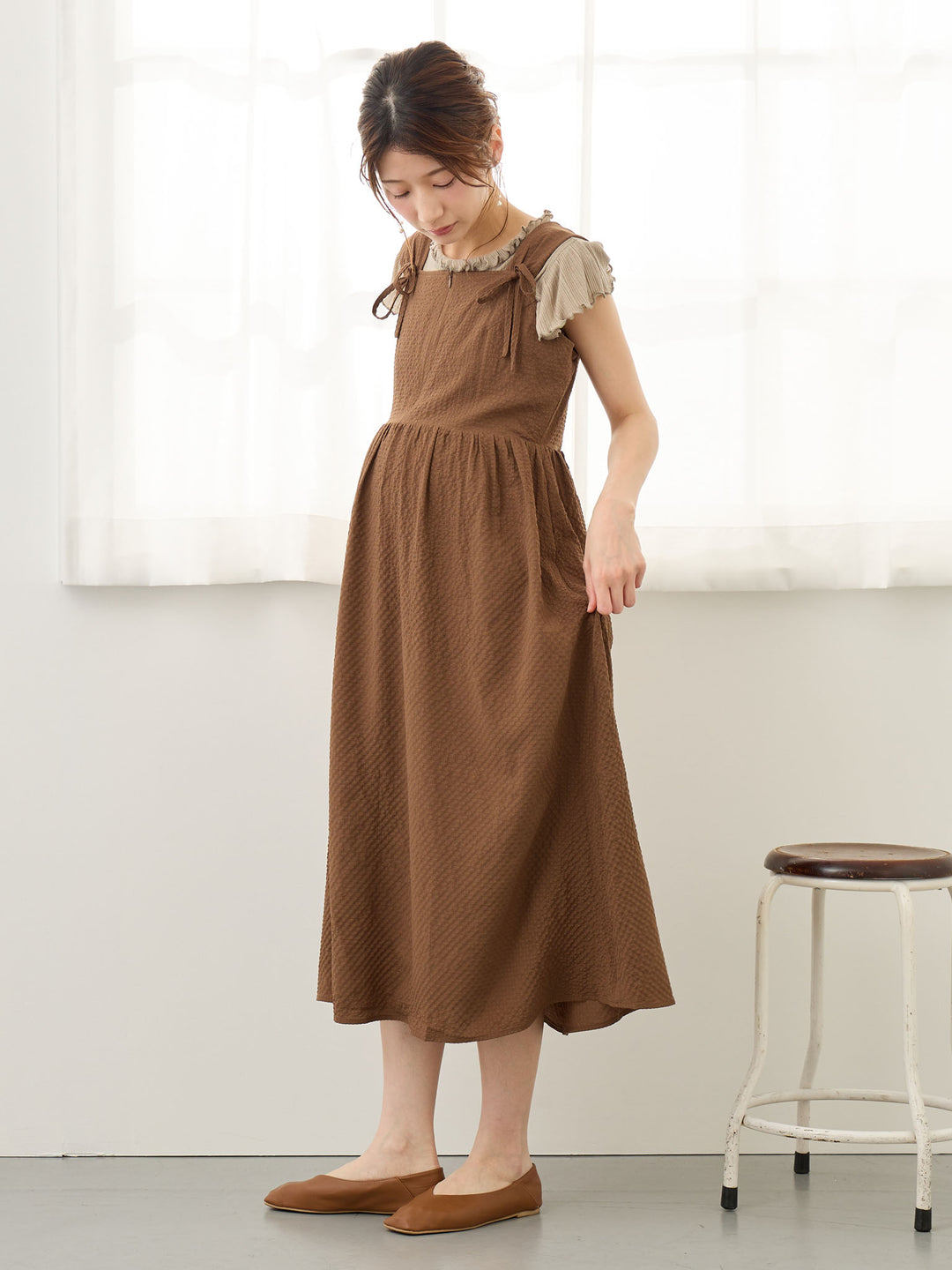 リボン付きジャンパースカート Brown