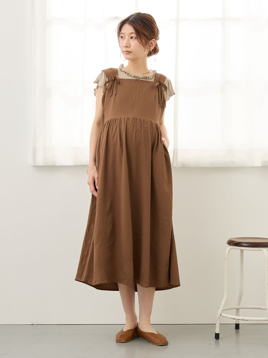 リボン付きジャンパースカート Brown