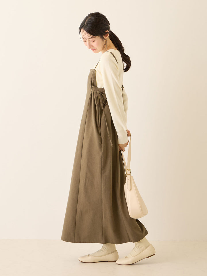 卡其色侧饰蝴蝶结吊带连衣裙