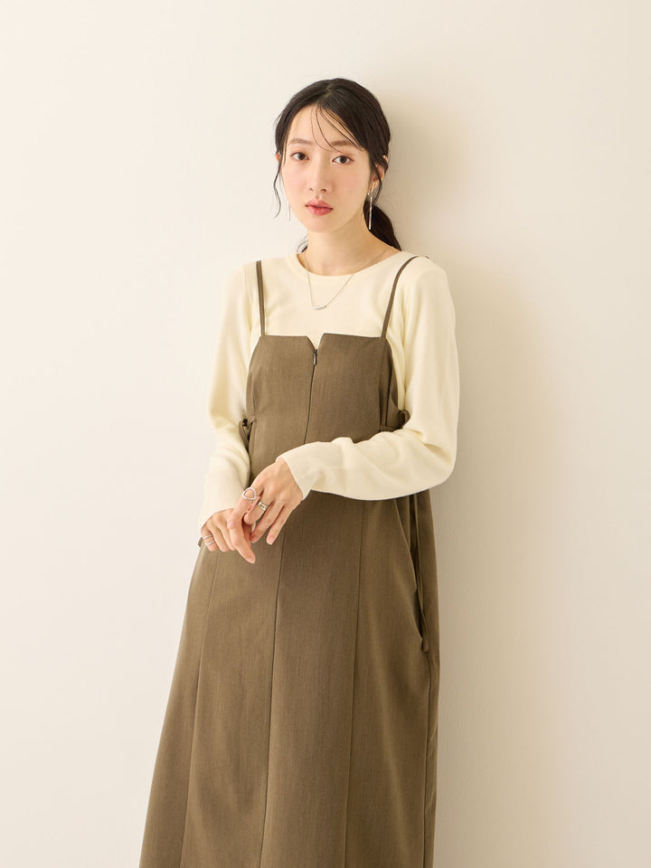 卡其色侧饰蝴蝶结吊带连衣裙