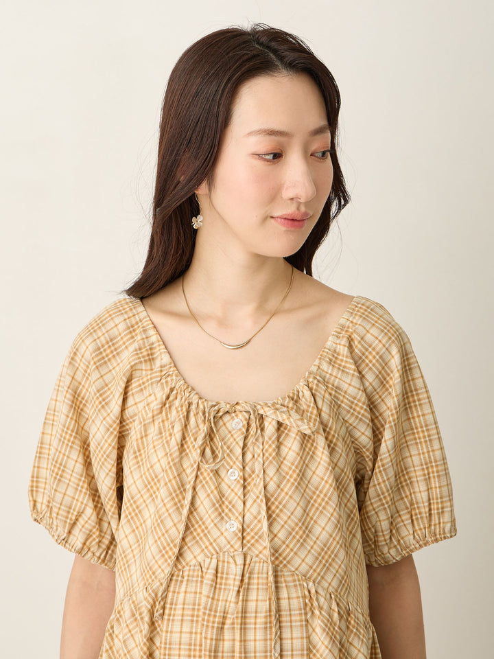 泡泡袖格纹连衣裙 棕色