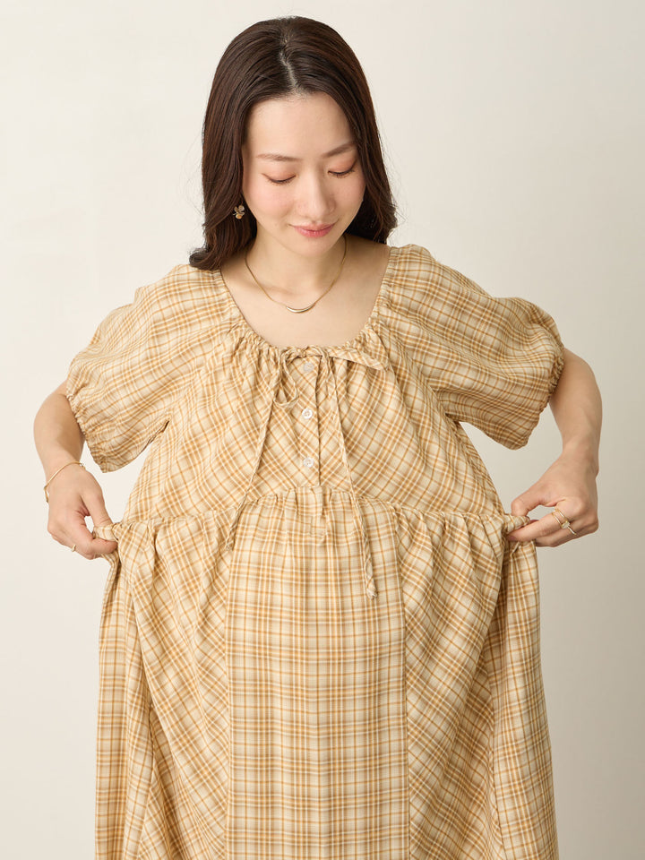 泡泡袖格纹连衣裙 棕色