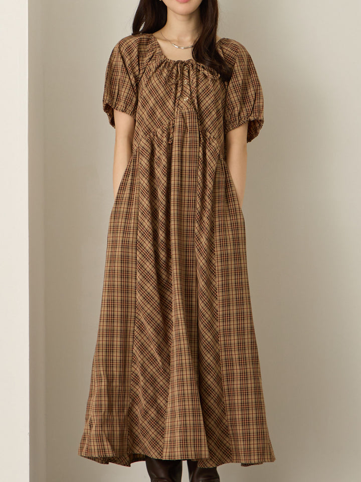 泡泡袖格纹连衣裙 棕色
