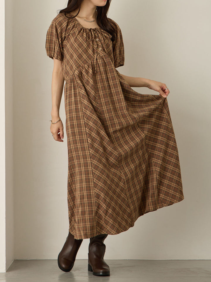 泡泡袖格纹连衣裙 棕色