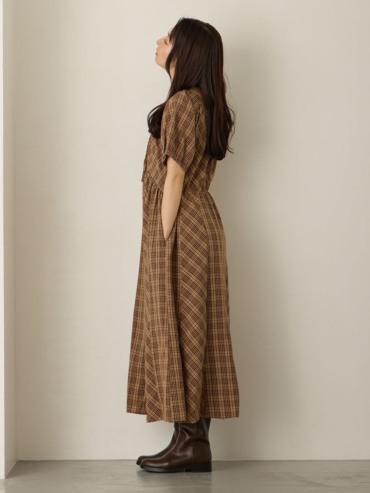泡泡袖格纹连衣裙 棕色