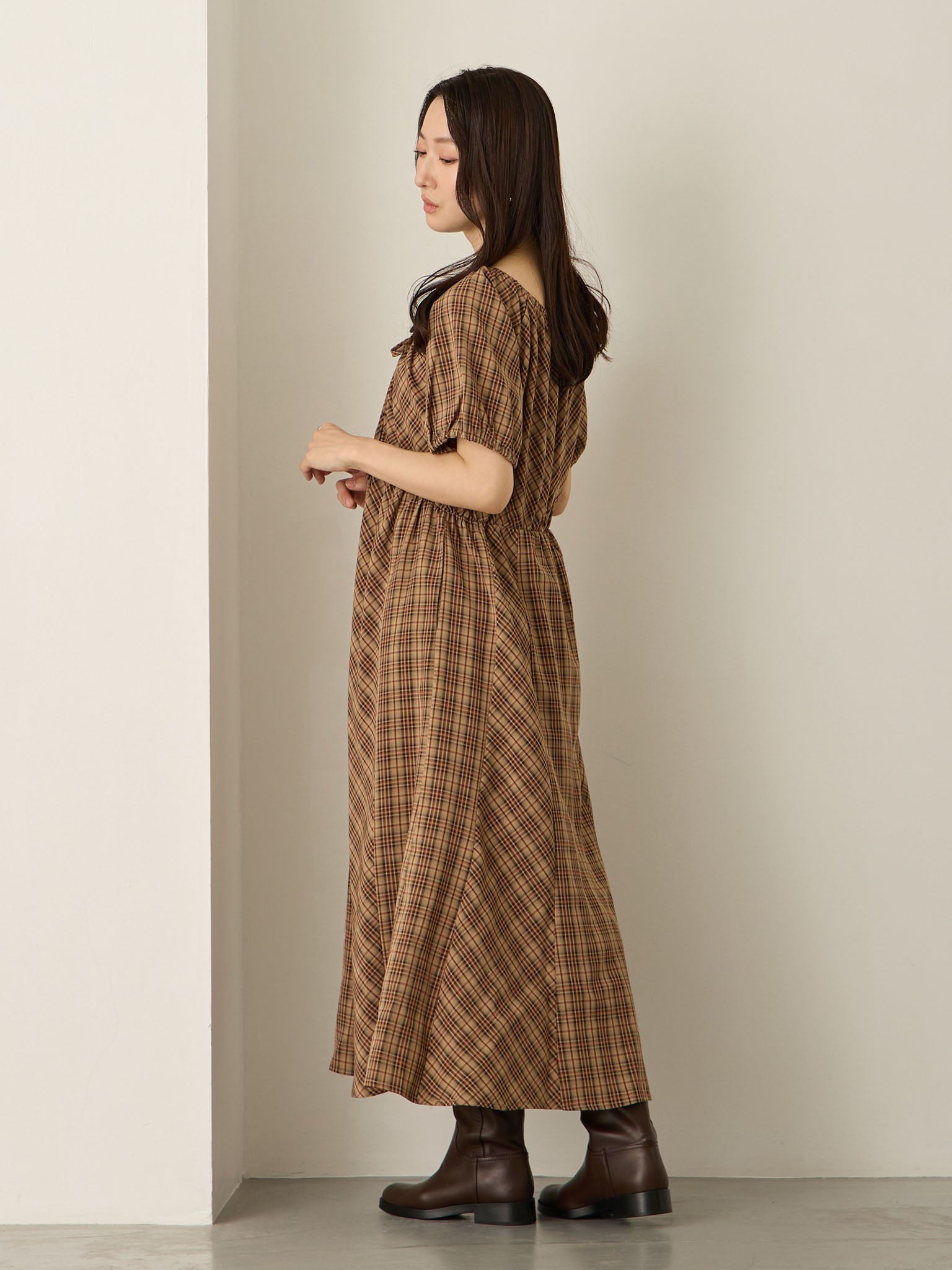 パフスリーブチェックワンピース Brown – honono for mom&baby