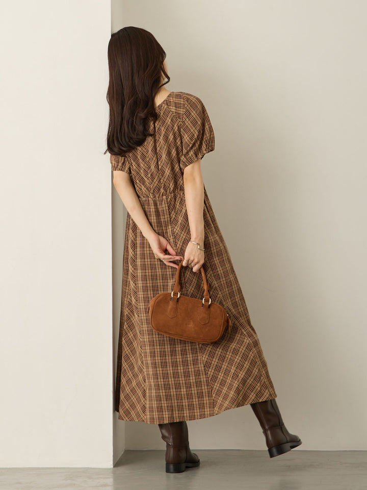 泡泡袖格纹连衣裙 棕色