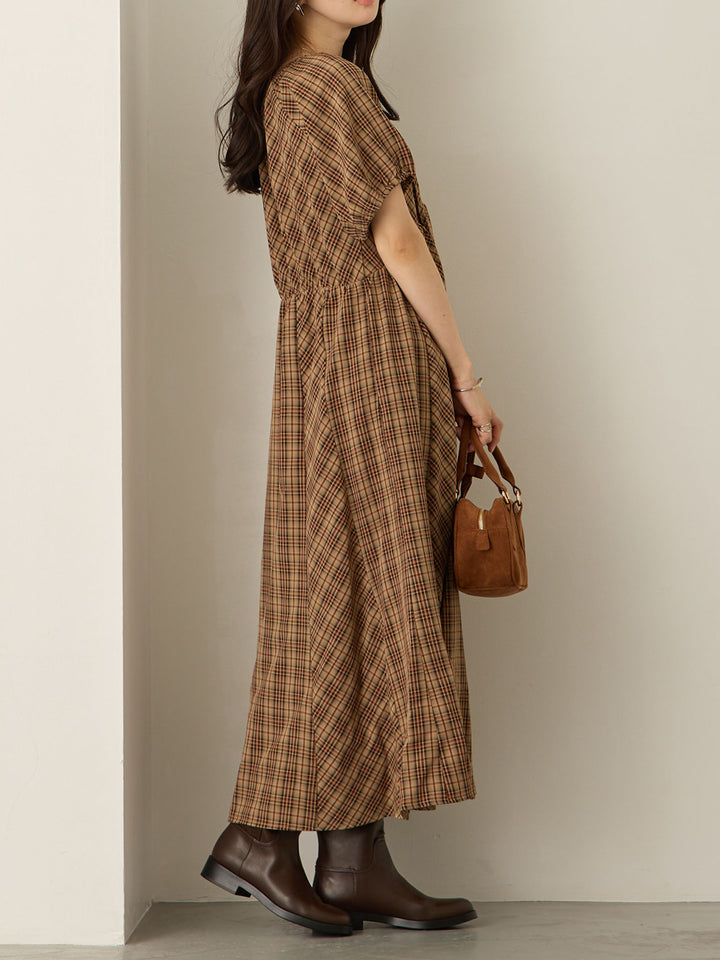 泡泡袖格纹连衣裙 棕色