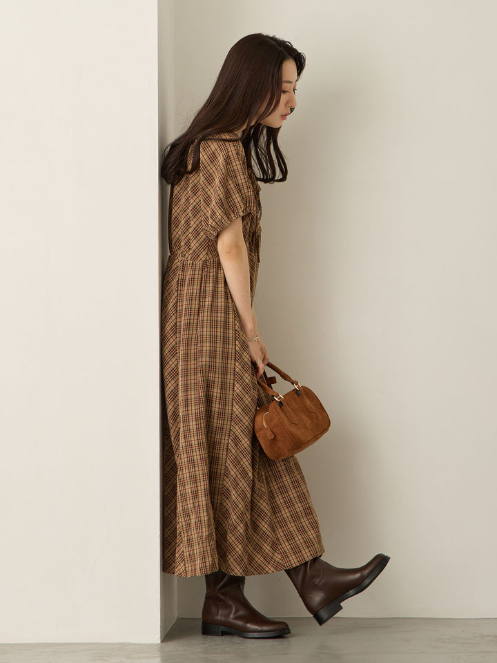 泡泡袖格纹连衣裙 棕色