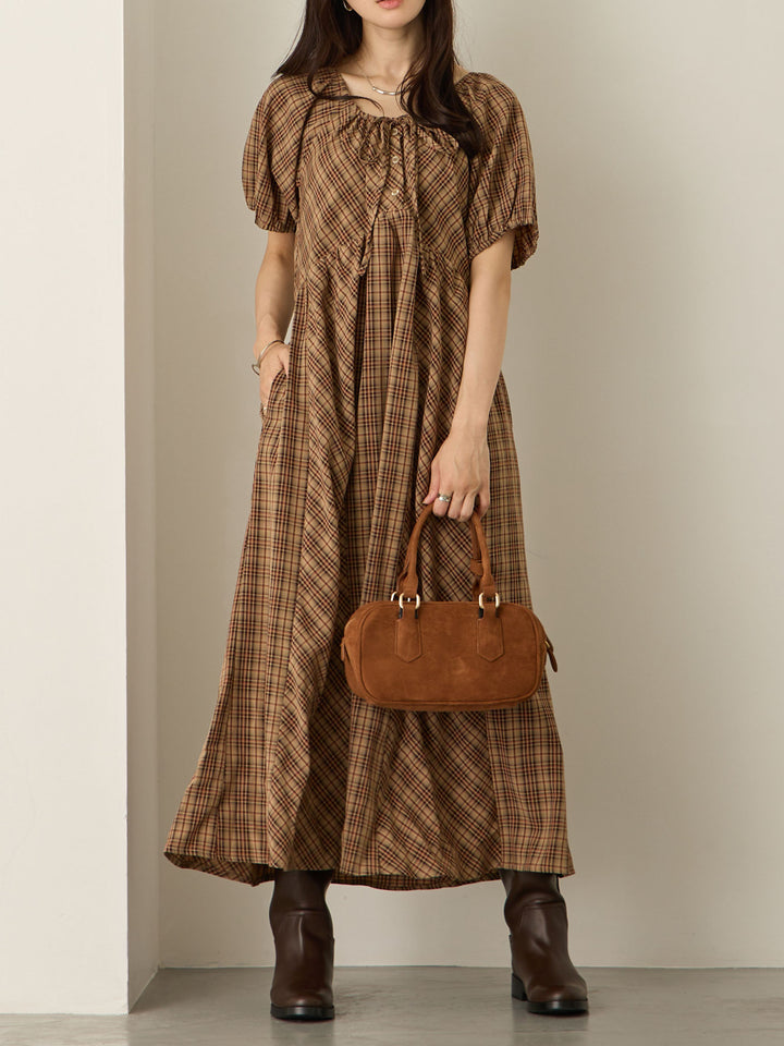 泡泡袖格纹连衣裙 棕色
