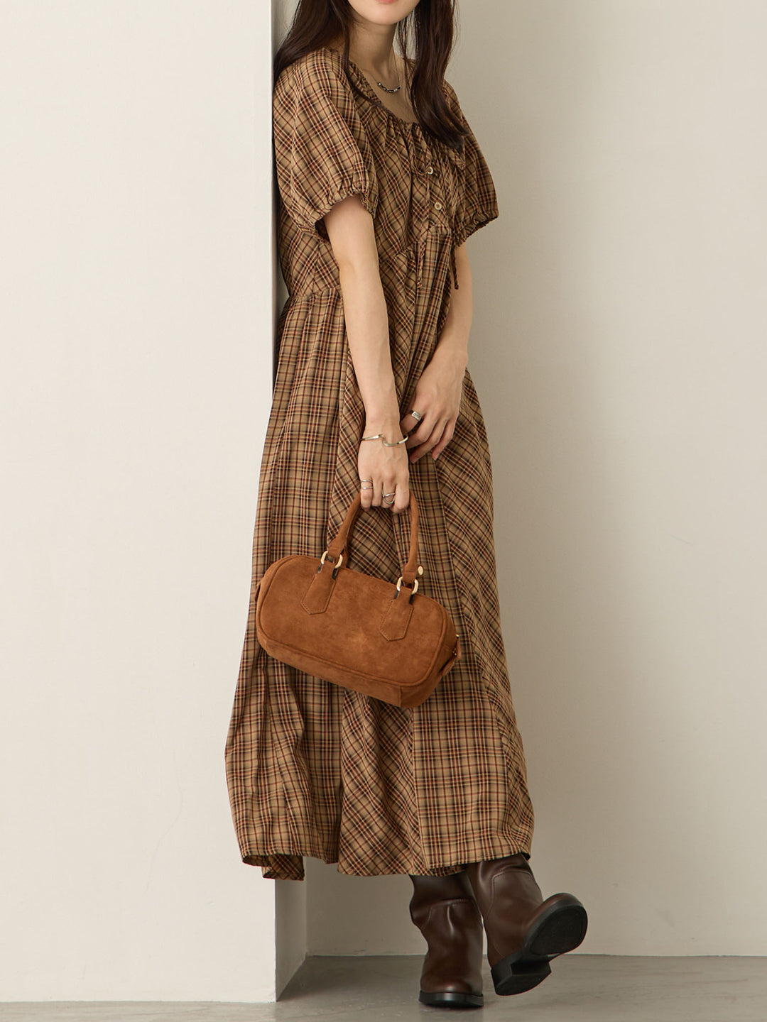 泡泡袖格纹连衣裙 棕色