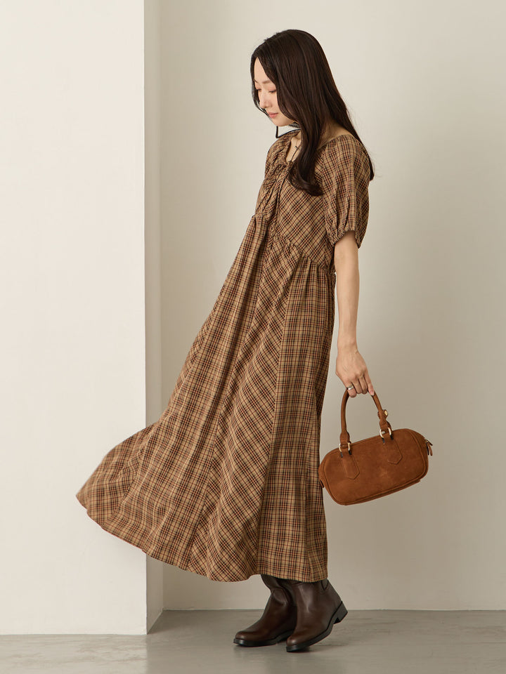 泡泡袖格纹连衣裙 棕色