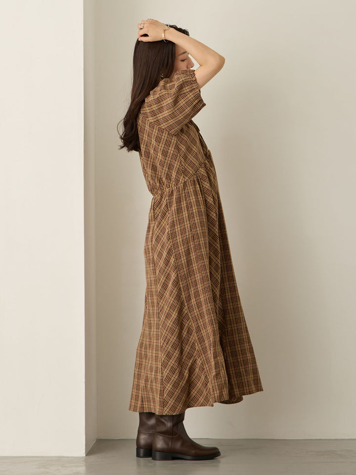 泡泡袖格纹连衣裙 棕色