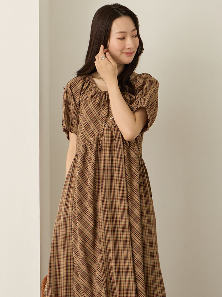 泡泡袖格纹连衣裙 棕色