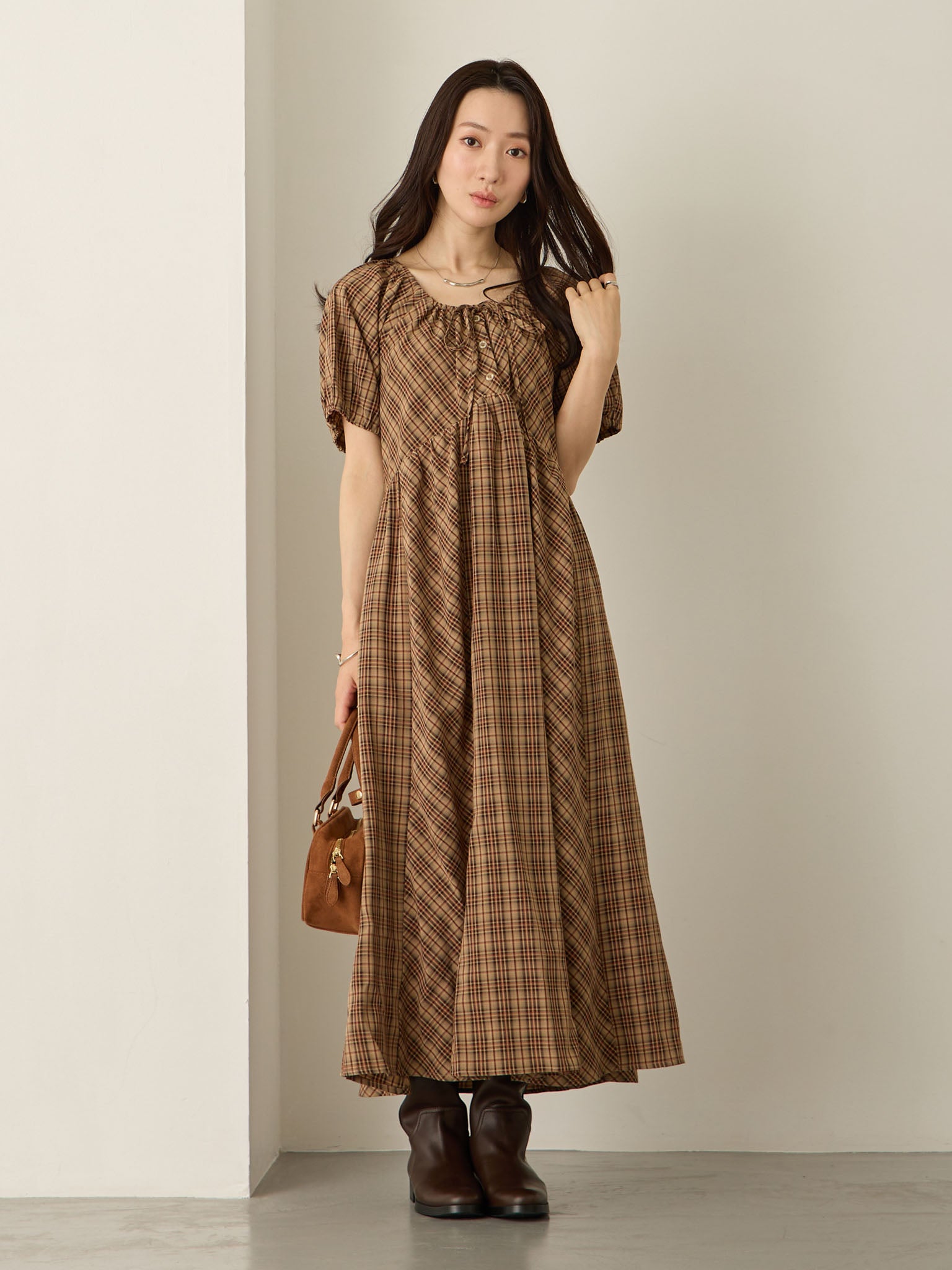 パフスリーブチェックワンピース Brown – honono for mom&baby