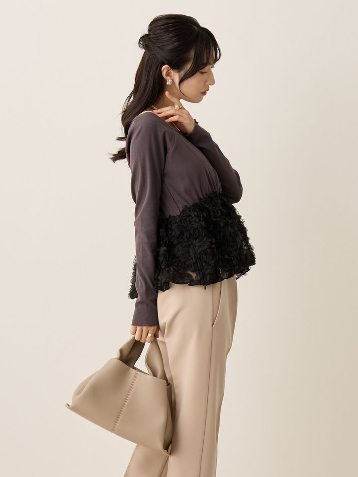 炭灰色薄纱荷叶边上衣