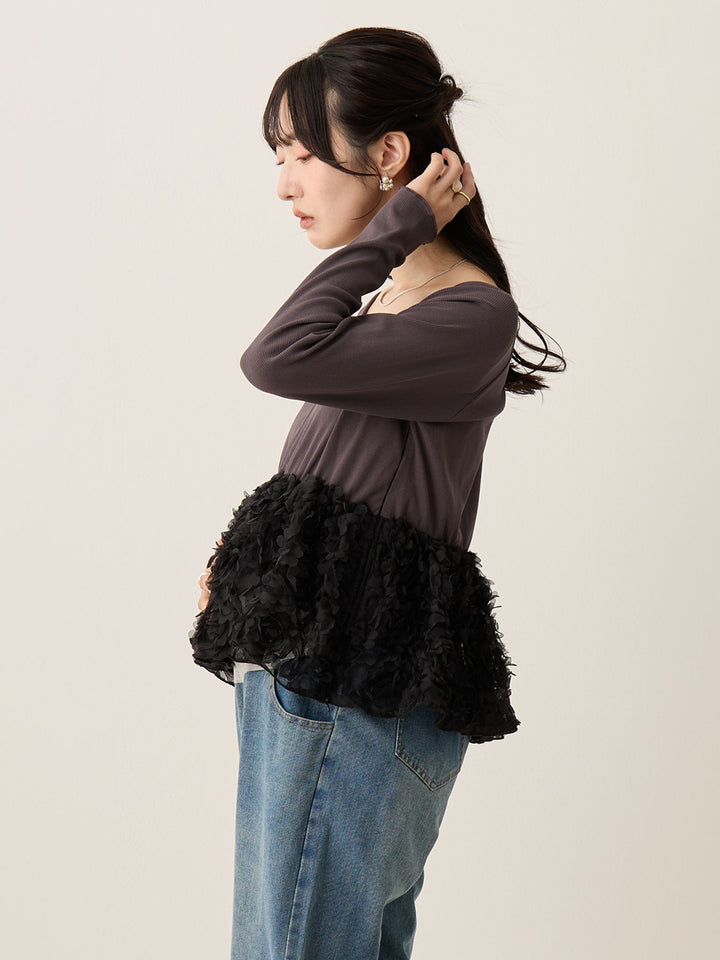 炭灰色薄纱荷叶边上衣