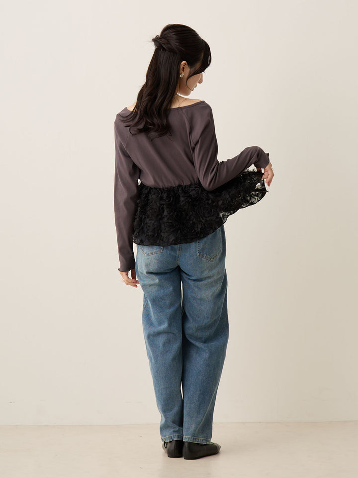 炭灰色薄纱荷叶边上衣