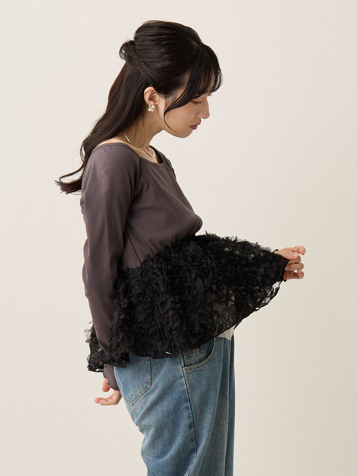 炭灰色薄纱荷叶边上衣