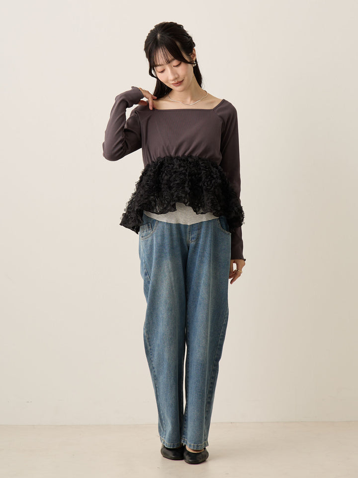 炭灰色薄纱荷叶边上衣